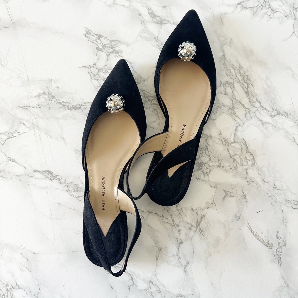 Paul Andrew RHEA Black Suede Crystal Orb Slingback Party Flats EU 38.5‎ US 8.5
